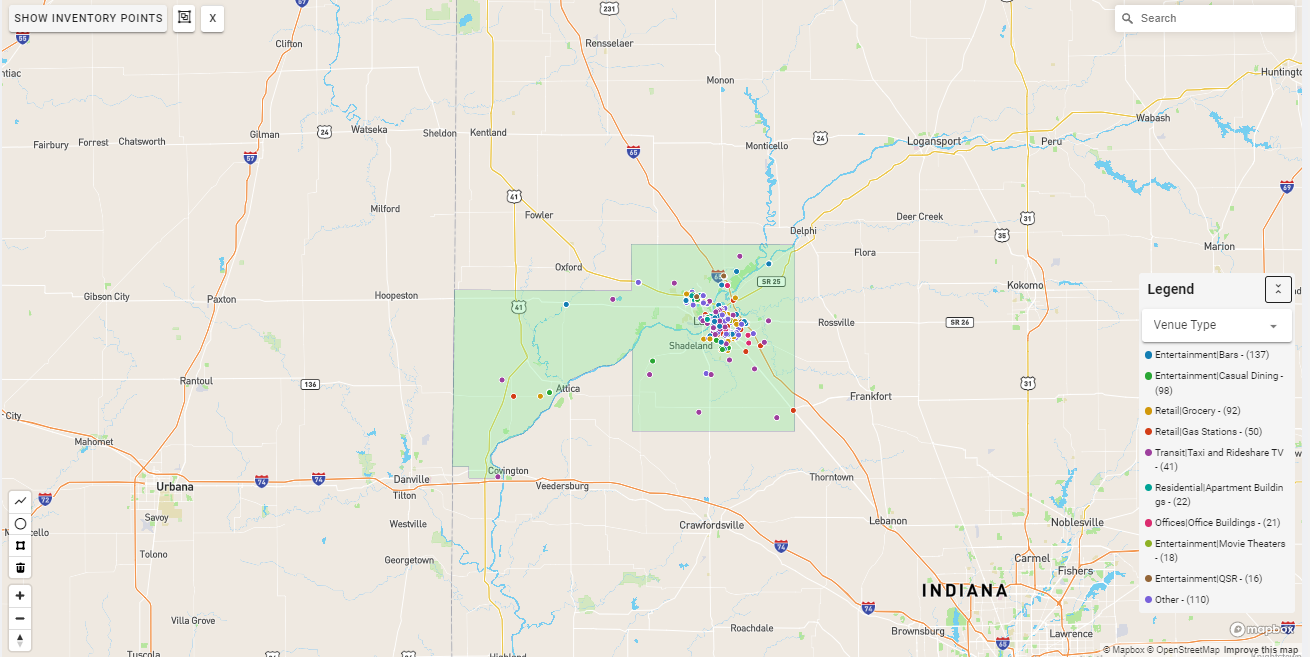 Lafayette IN DMA coverage map showing digital out-of-home advertising reach