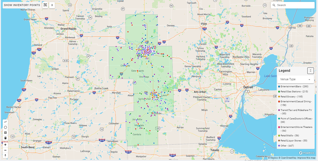 Lansing DMA coverage map showing digital out-of-home advertising reach