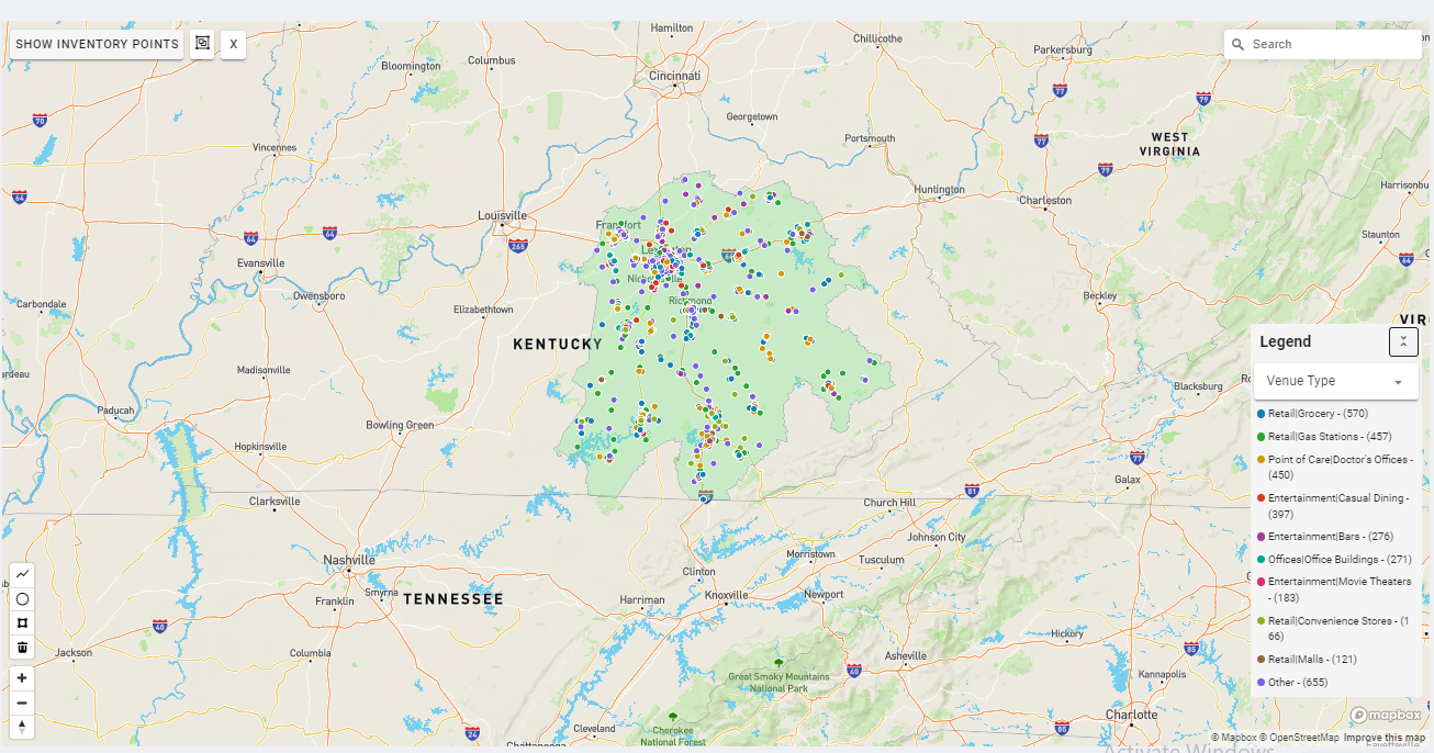 Lexington DMA coverage map showing digital out-of-home advertising reach