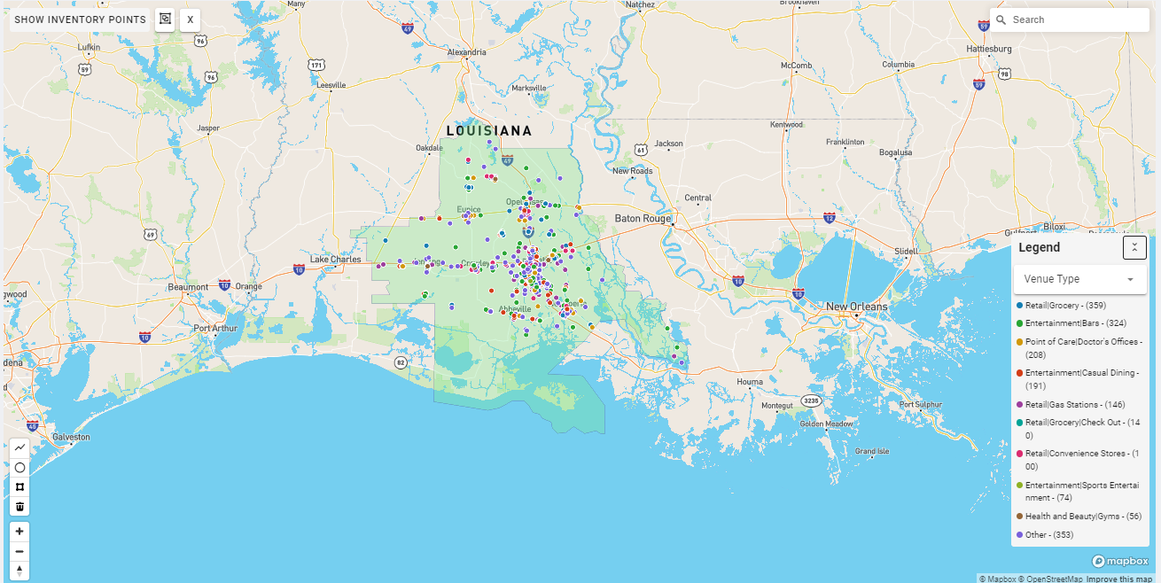 Lafayette LA DMA coverage map showing digital out-of-home advertising reach