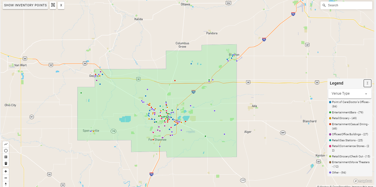 Lima DMA coverage map showing digital out-of-home advertising reach