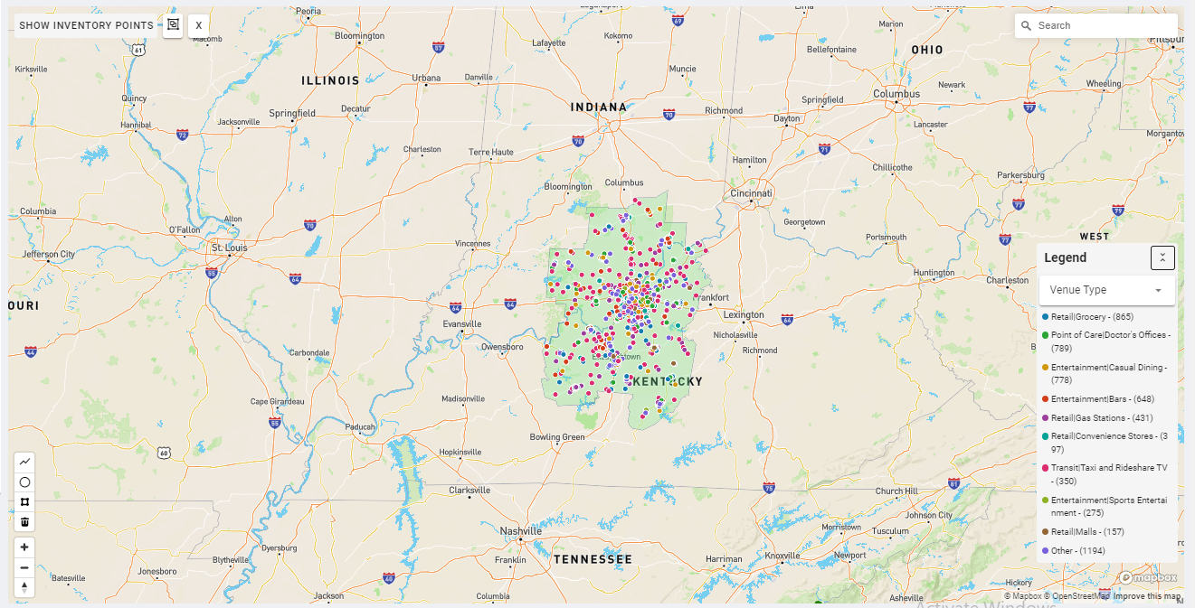 Louisville DMA coverage map showing digital out-of-home advertising reach