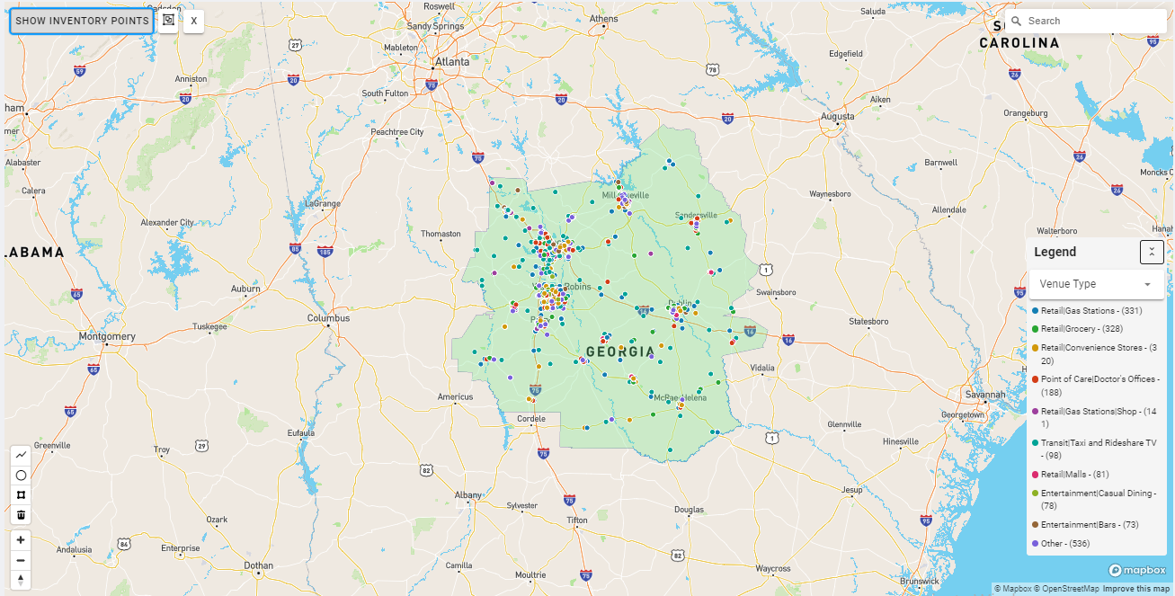 Macon DMA coverage map showing digital out-of-home advertising reach