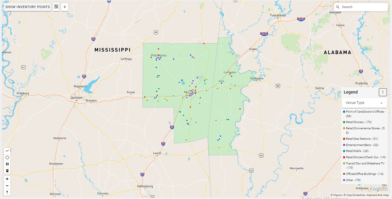 Meridian DMA coverage map showing digital out-of-home advertising reach