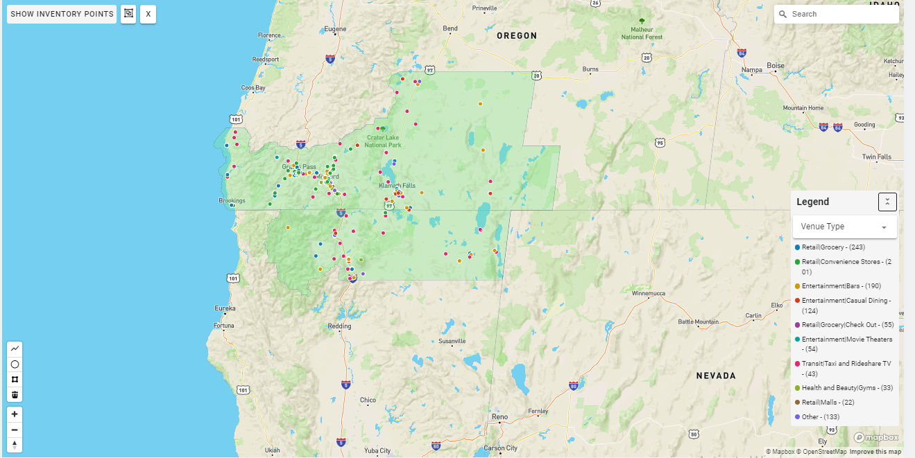 Medford DMA coverage map showing digital out-of-home advertising reach