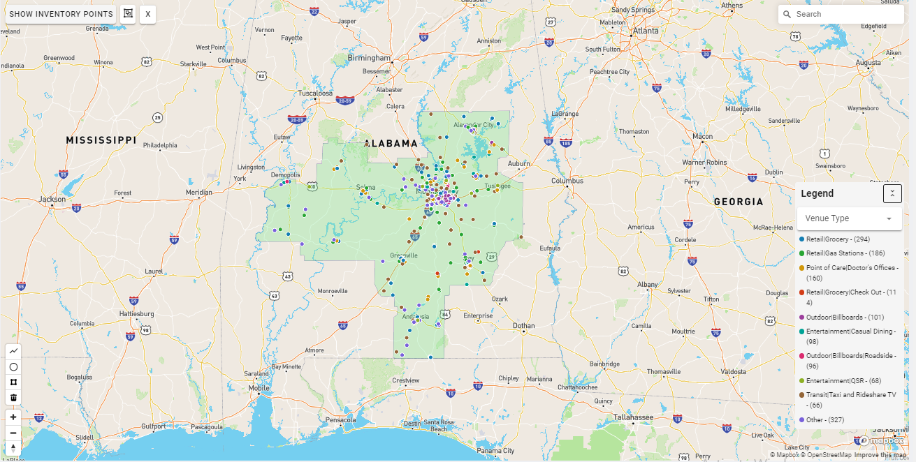 Montgomery DMA coverage map showing digital out-of-home advertising reach