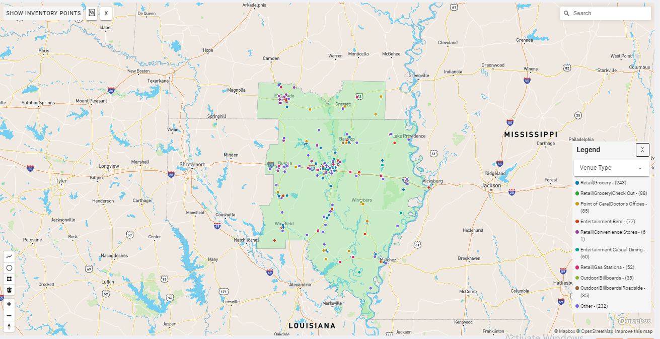 Monroe DMA coverage map showing digital out-of-home advertising reach