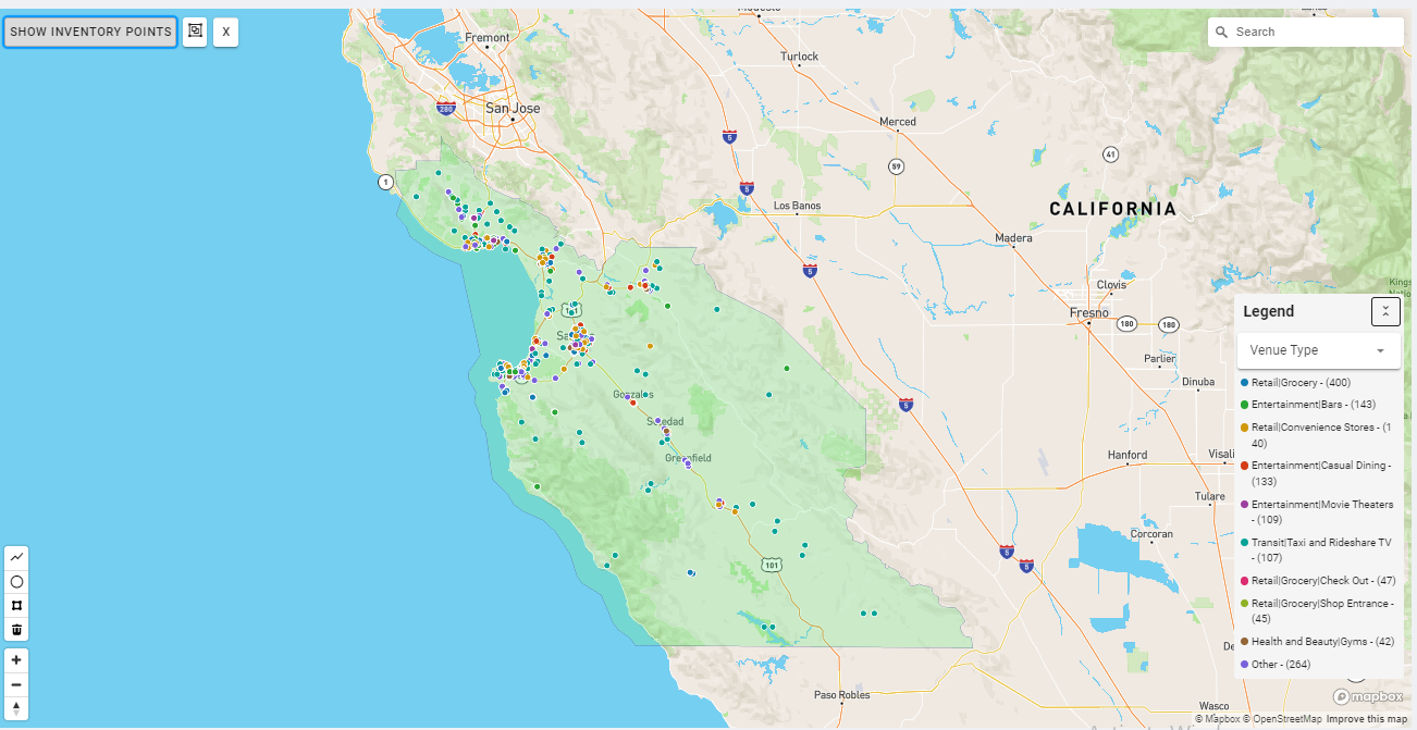 Monterey-Salinas DMA coverage map showing digital out-of-home advertising reach