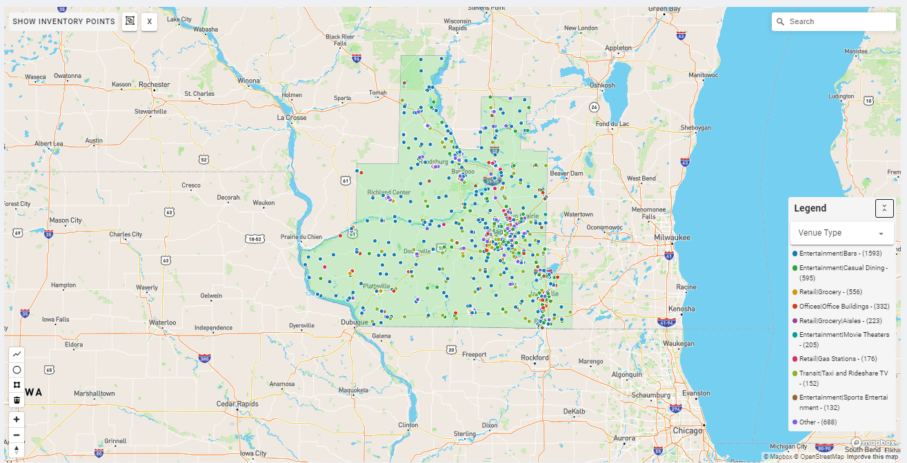 Madison DMA coverage map showing digital out-of-home advertising reach