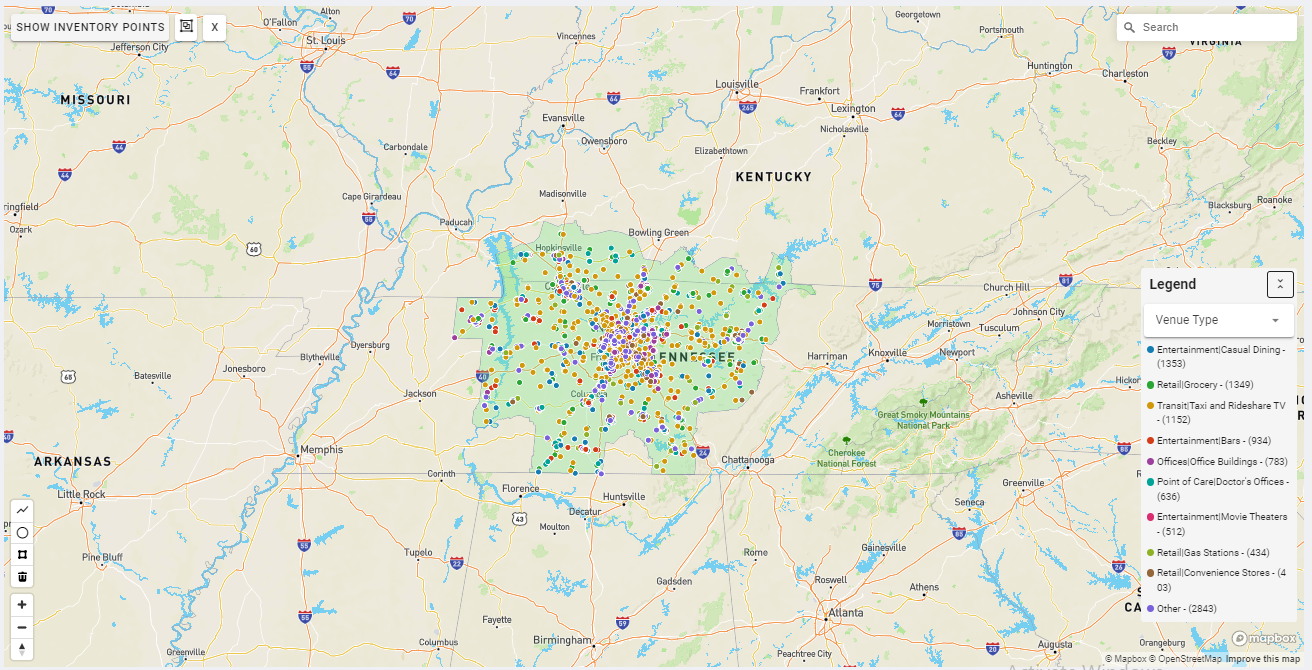 Nashville DMA coverage map showing digital out-of-home advertising reach