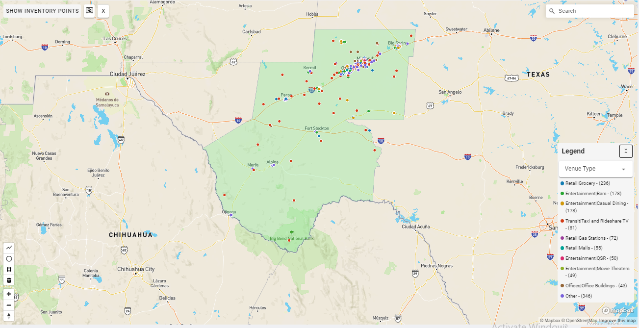 Odessa-Midland DMA coverage map showing digital out-of-home advertising reach