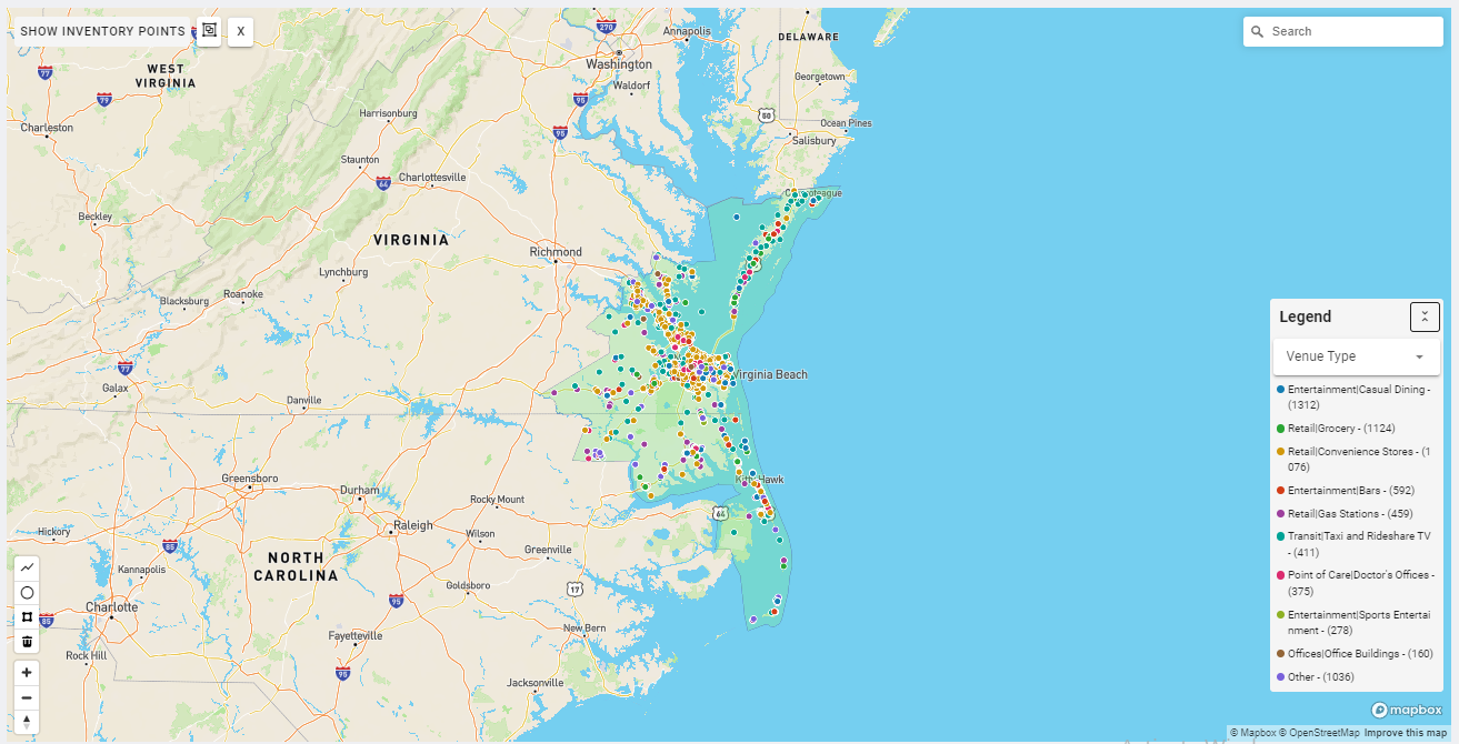 Norfolk DMA coverage map showing digital out-of-home advertising reach