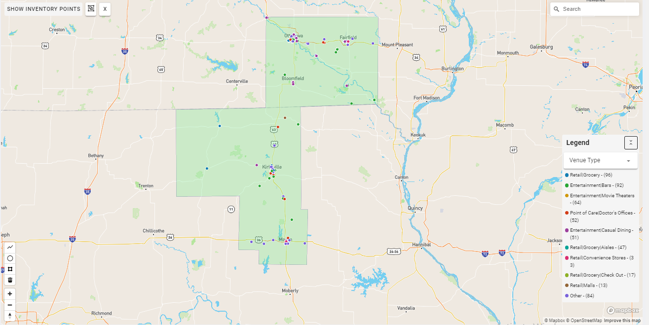 Ottumwa DMA coverage map showing digital out-of-home advertising reach