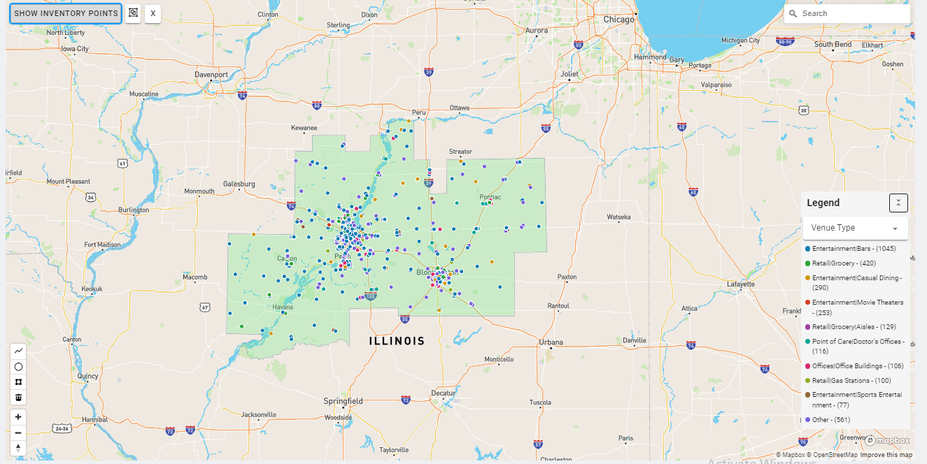 Peoria DMA coverage map showing digital out-of-home advertising reach
