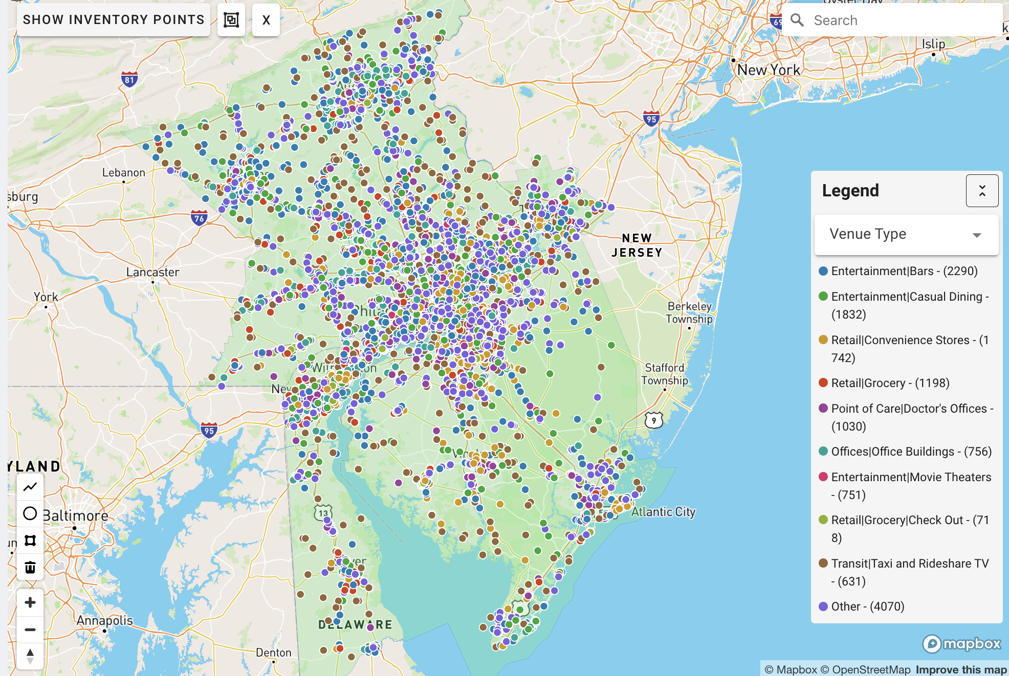 Philadelphia DMA coverage map showing digital out-of-home advertising reach