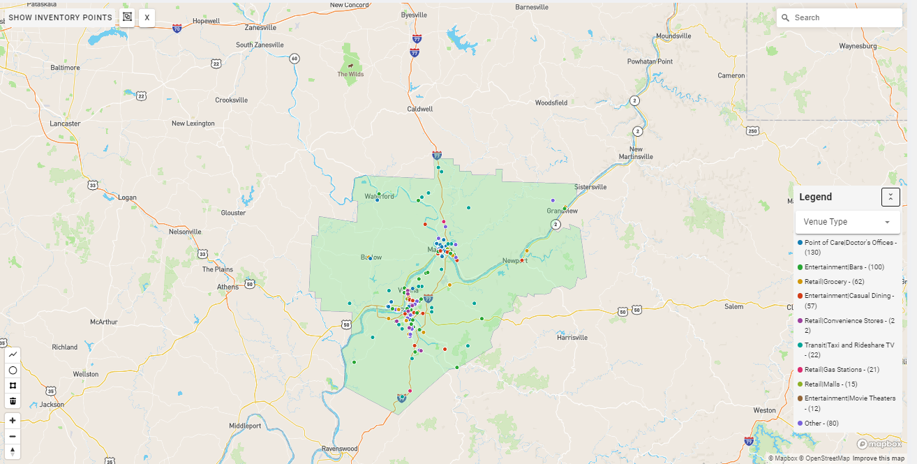 Parkersburg DMA coverage map showing digital out-of-home advertising reach