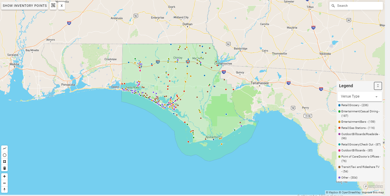 Panama City DMA coverage map showing digital out-of-home advertising reach