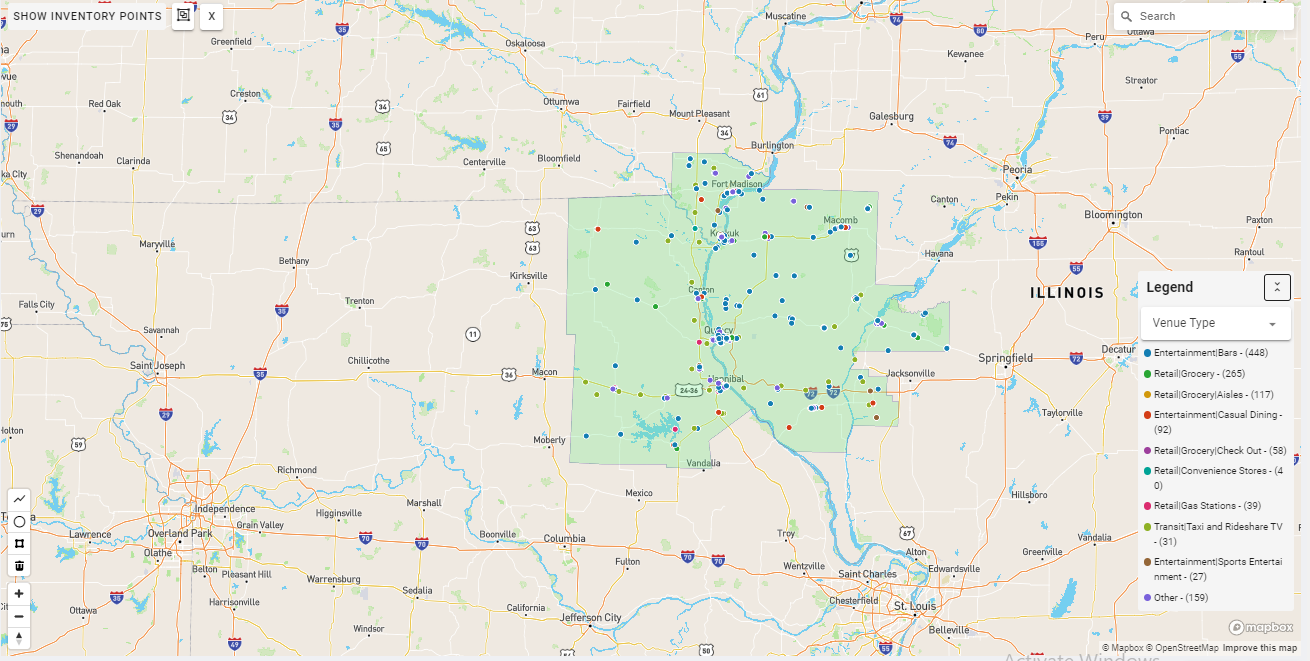 Quincy DMA coverage map showing digital out-of-home advertising reach
