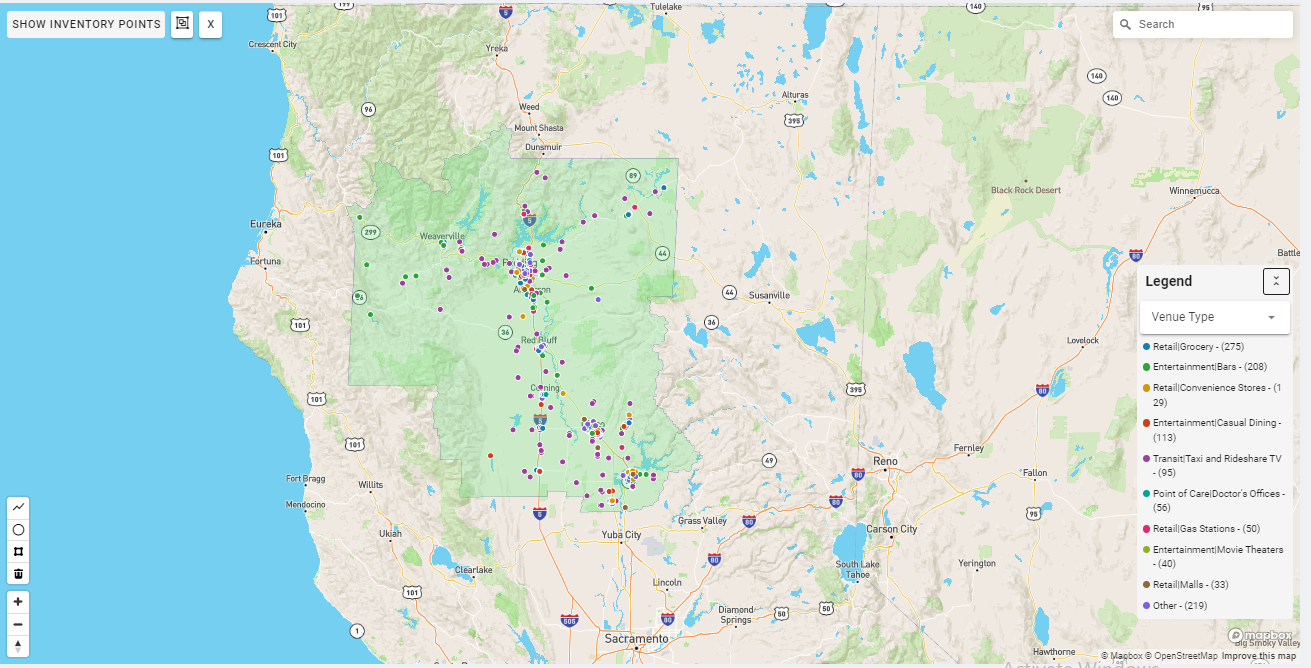Chico-Redding DMA coverage map showing digital out-of-home advertising reach