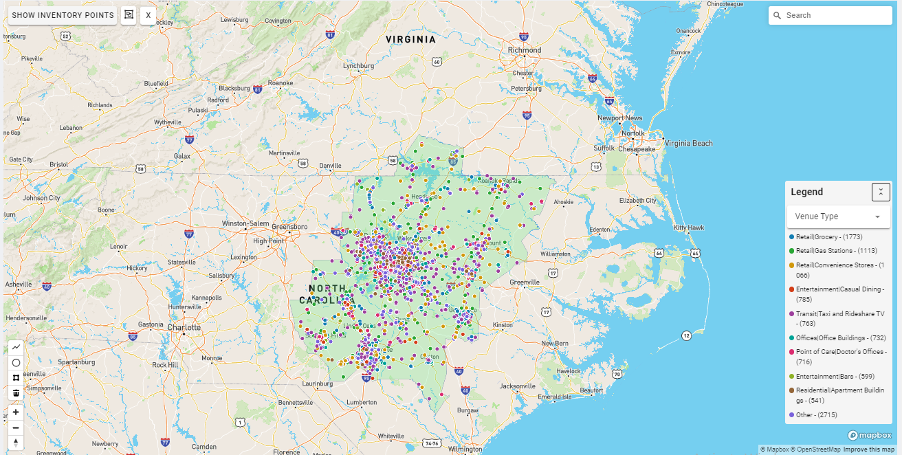 Raleigh-Durham DMA coverage map showing digital out-of-home advertising reach