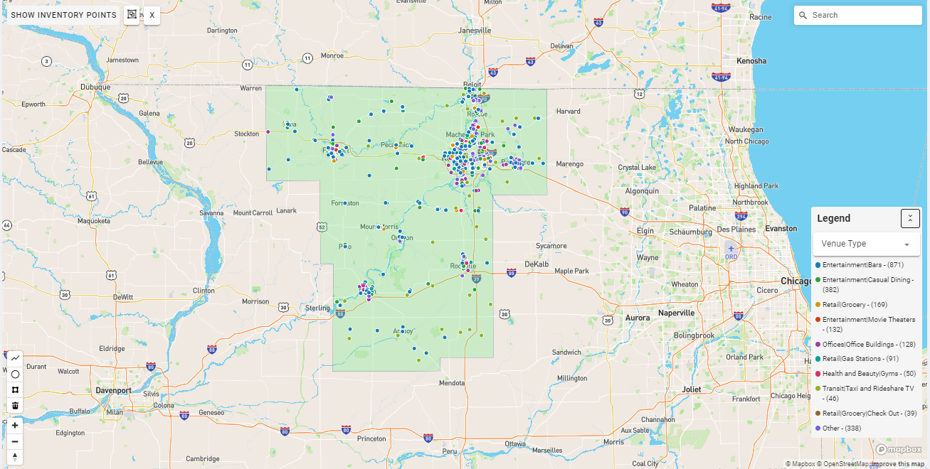 Rockford DMA coverage map showing digital out-of-home advertising reach