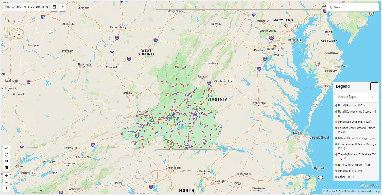 Roanoke DMA coverage map showing digital out-of-home advertising reach