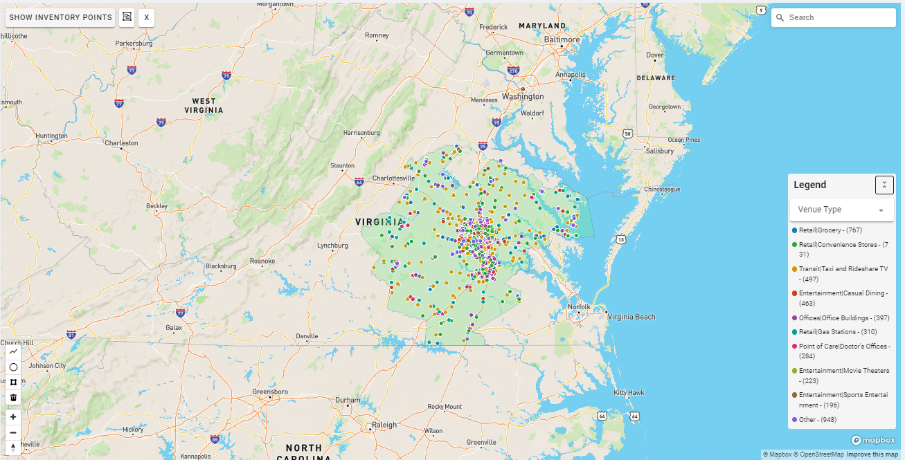 Richmond DMA coverage map showing digital out-of-home advertising reach