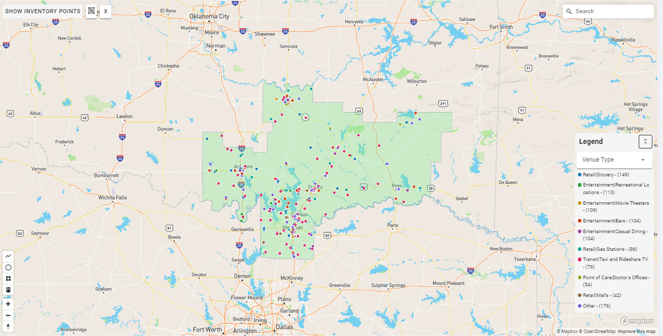 Sherman DMA coverage map showing digital out-of-home advertising reach