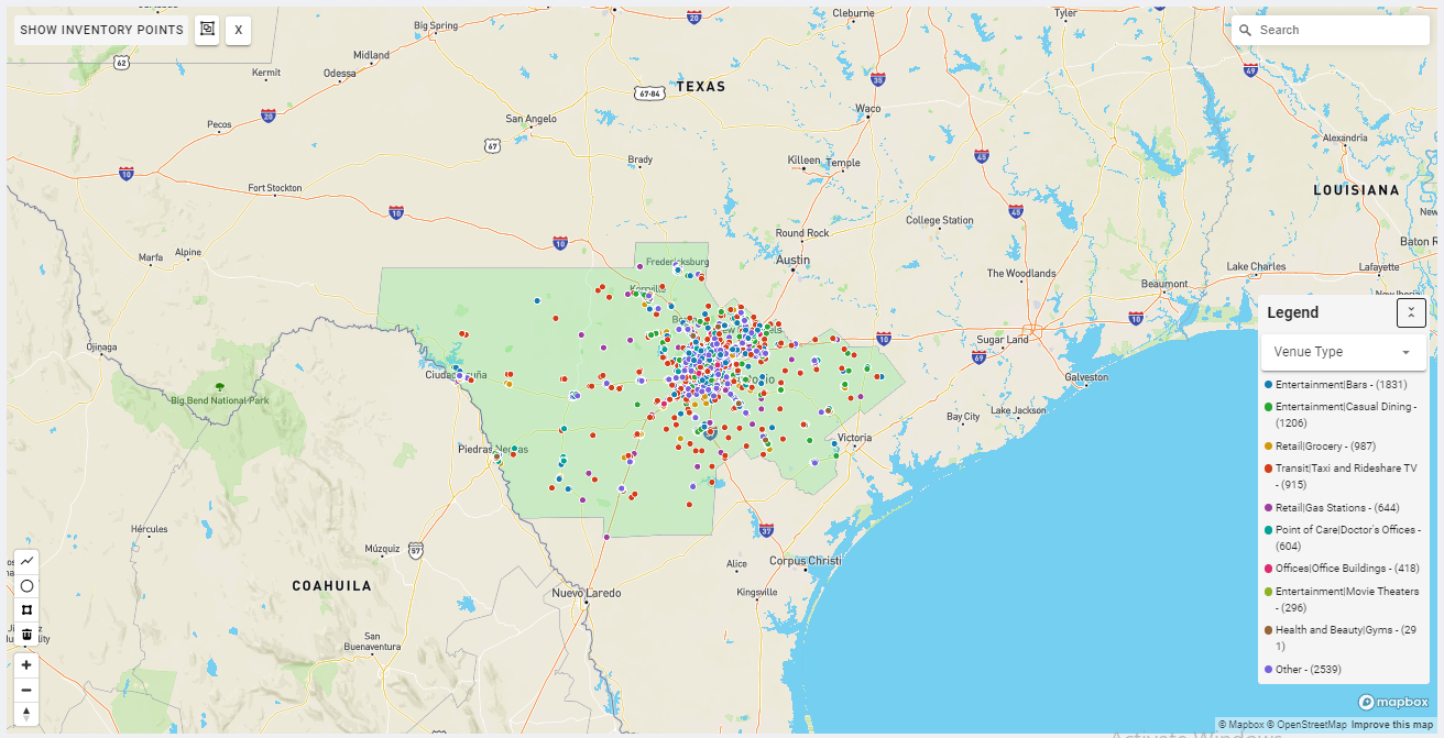 San Antonio DMA coverage map showing digital out-of-home advertising reach