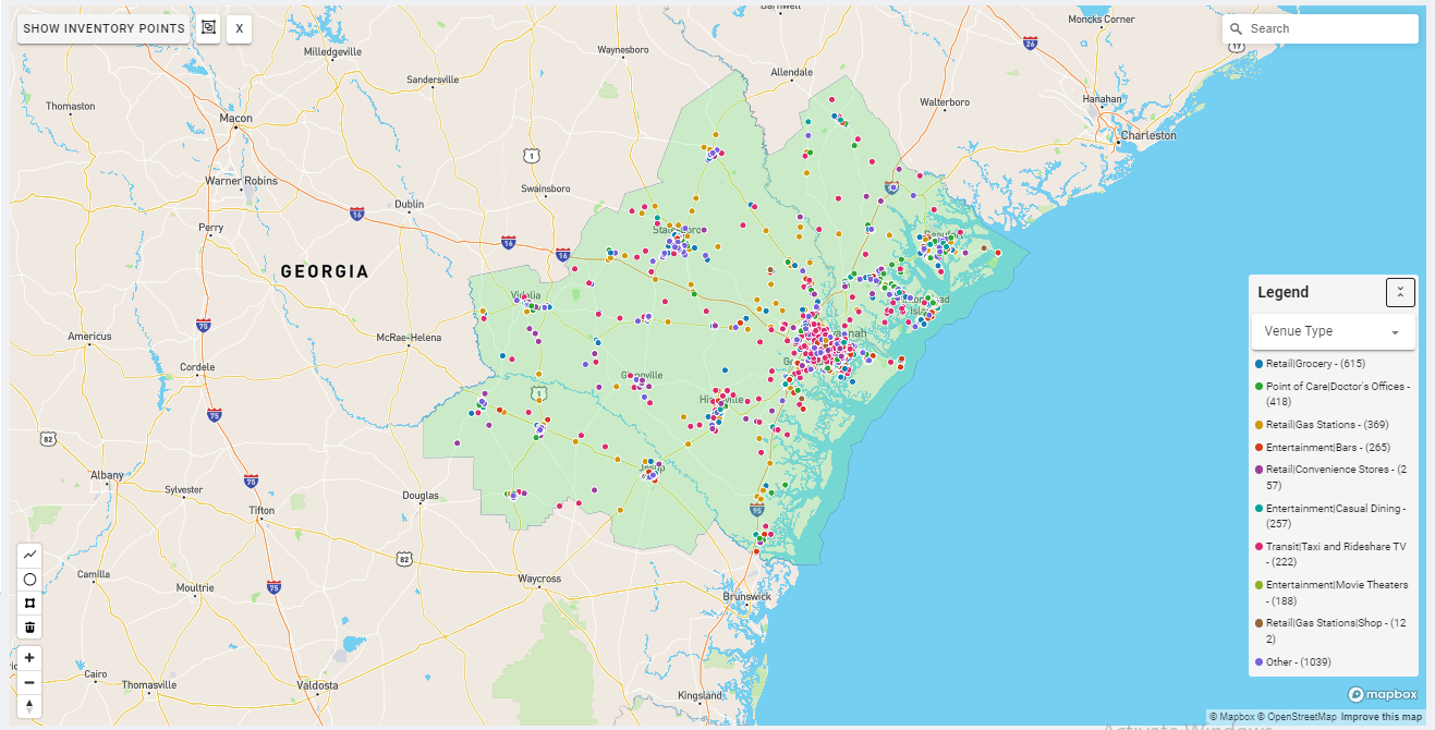 Savannah DMA coverage map showing digital out-of-home advertising reach