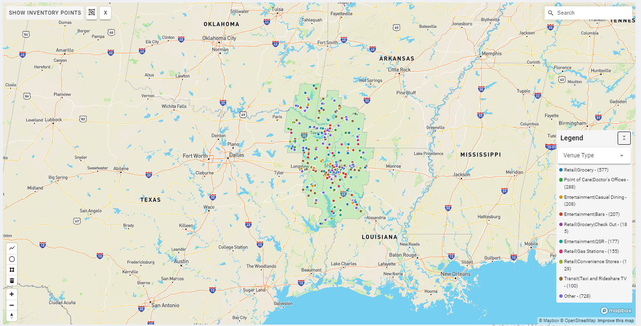 Shreveport DMA coverage map showing digital out-of-home advertising reach