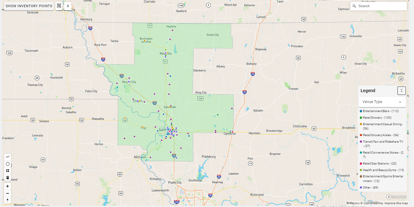 St. Joseph DMA coverage map showing digital out-of-home advertising reach