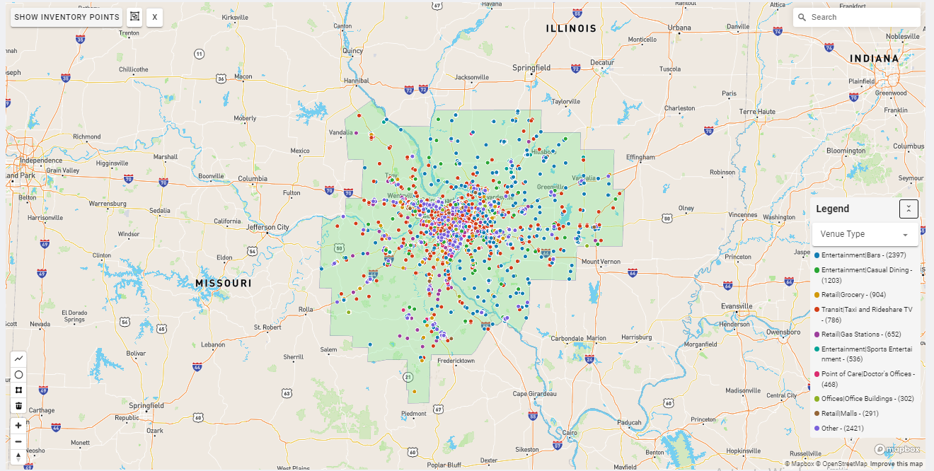 St. Louis DMA coverage map showing digital out-of-home advertising reach