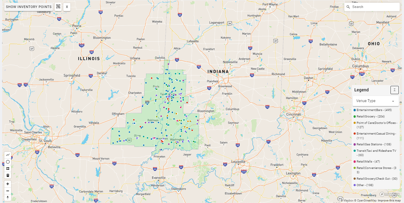 Terre Haute DMA coverage map showing digital out-of-home advertising reach