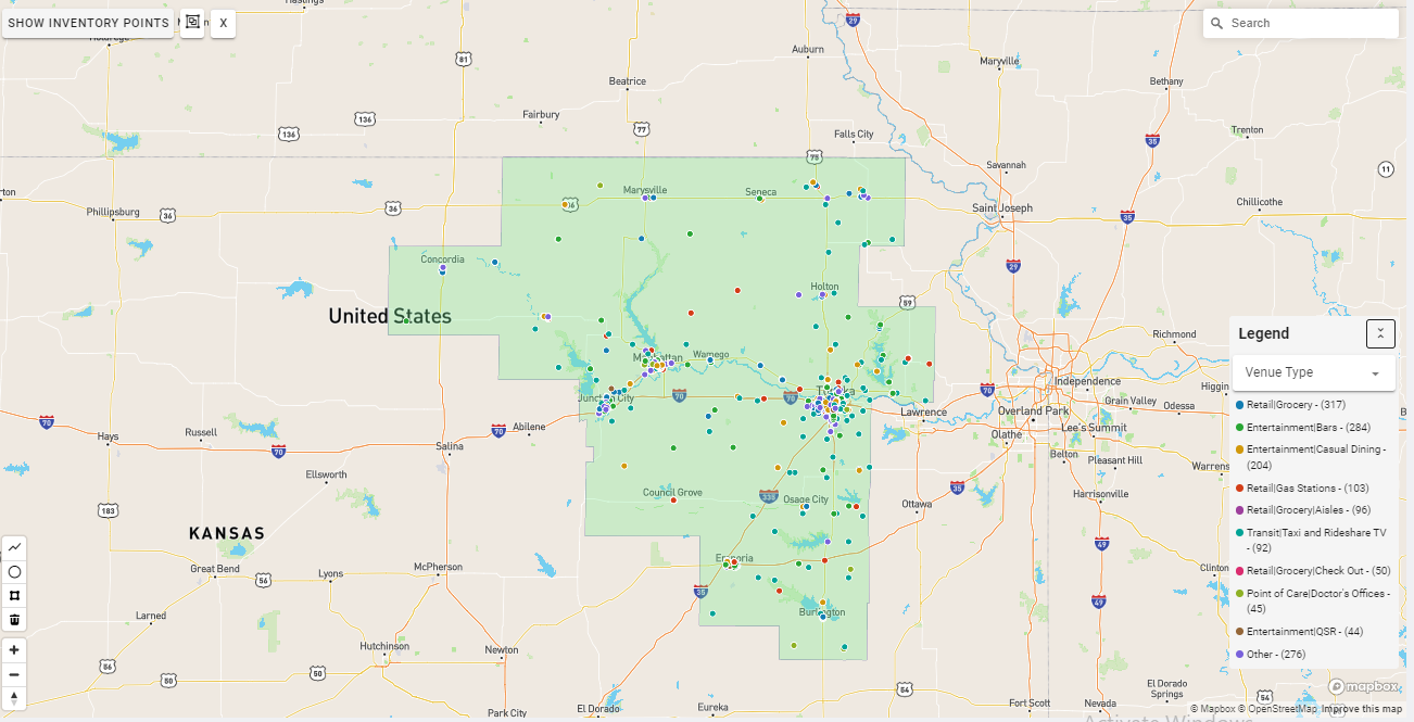 Topeka DMA coverage map showing digital out-of-home advertising reach