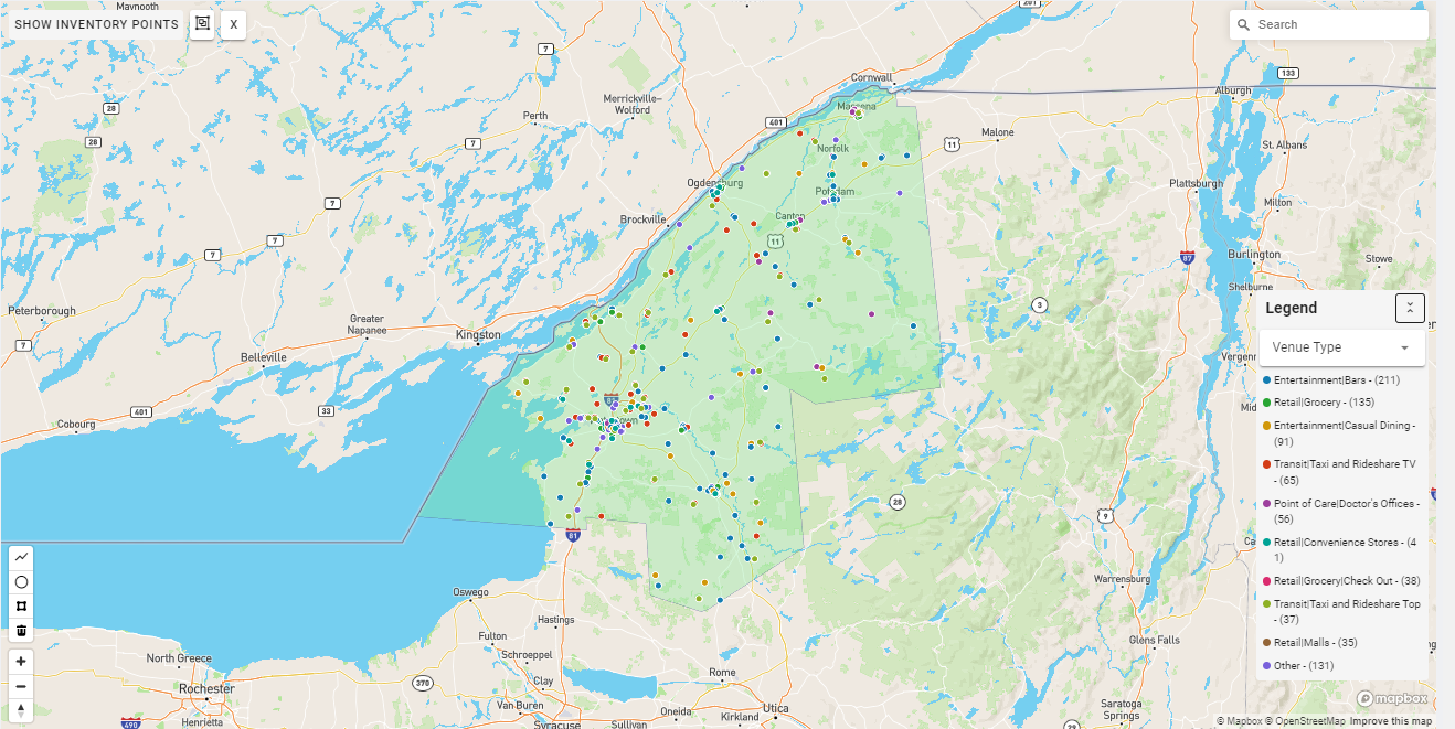 Watertown DMA coverage map showing digital out-of-home advertising reach