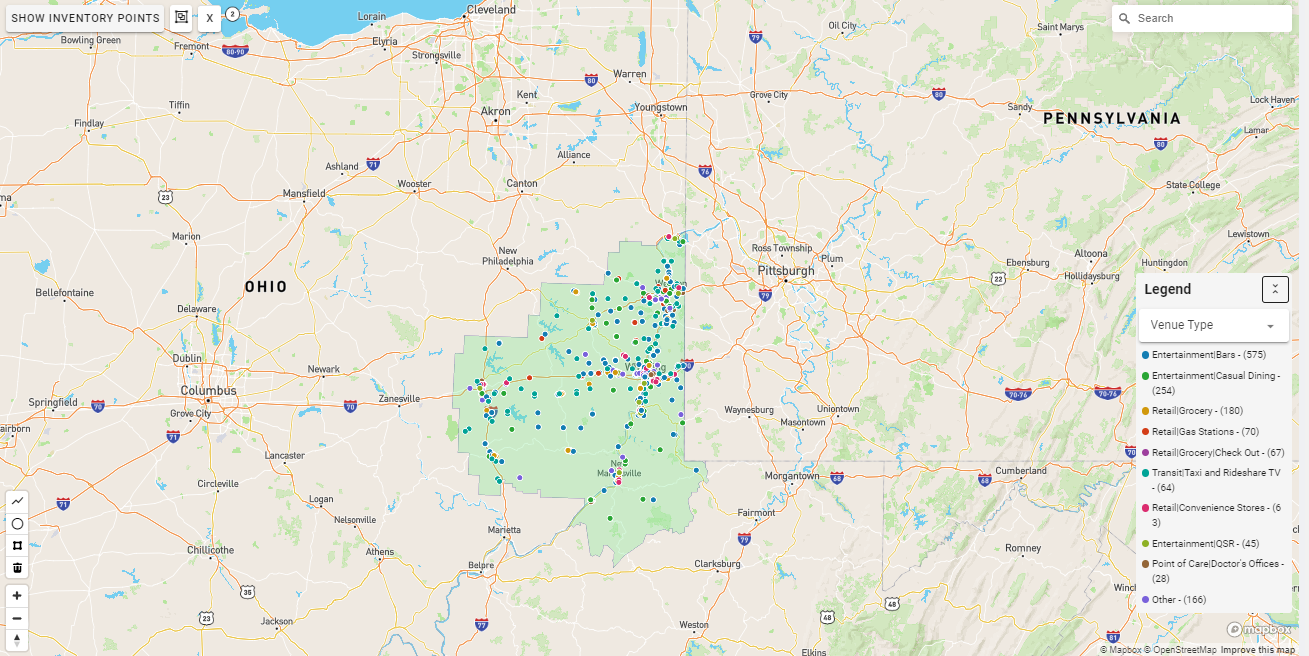 Wheeling DMA coverage map showing digital out-of-home advertising reach