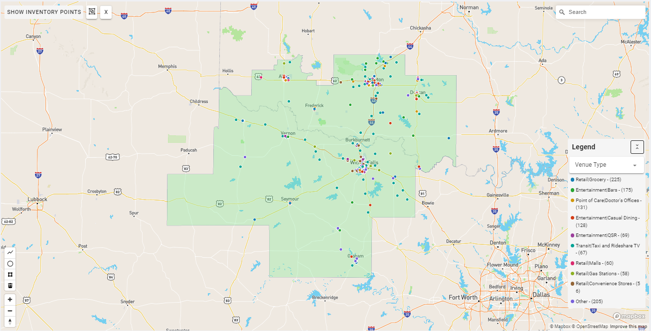 Wichita Falls DMA coverage map showing digital out-of-home advertising reach
