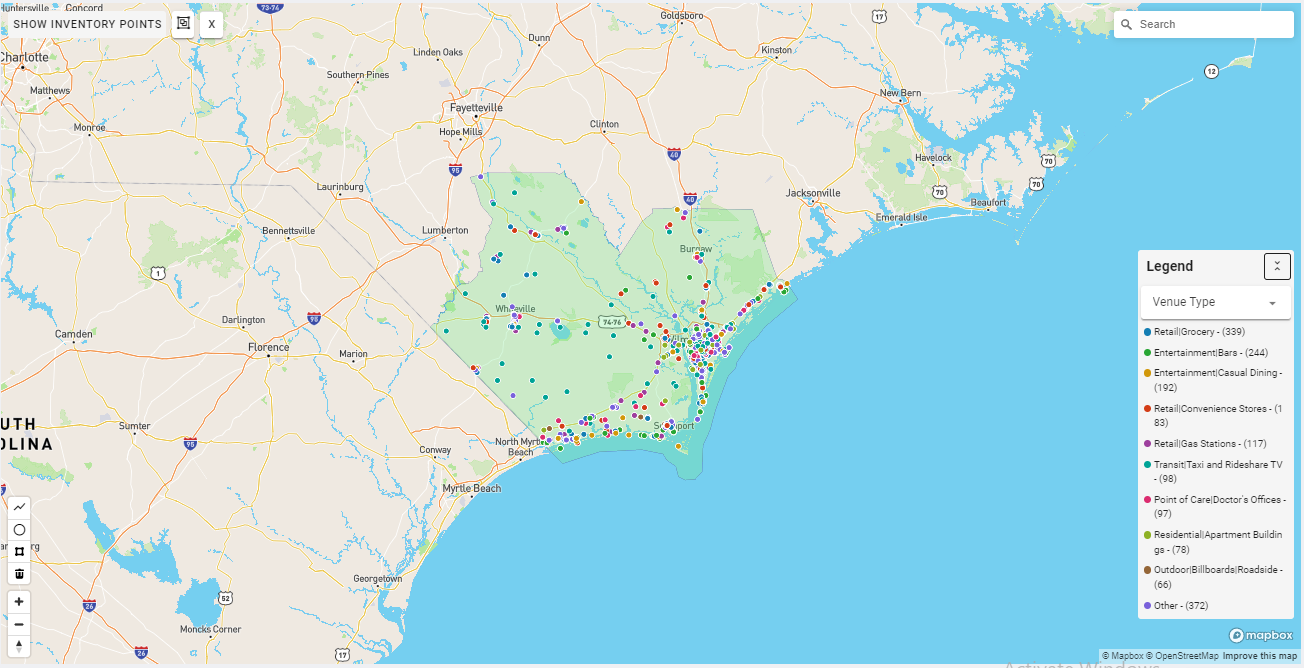 Wilmington DMA coverage map showing digital out-of-home advertising reach
