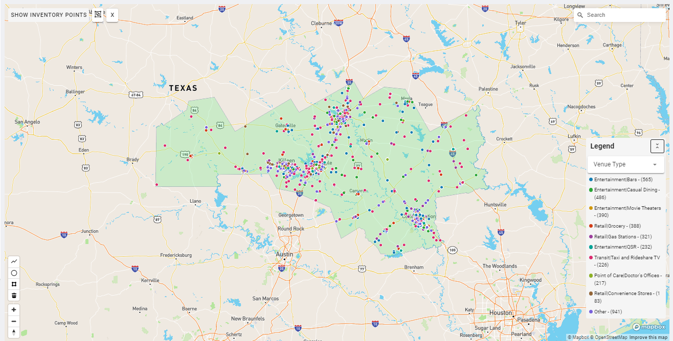 Waco DMA coverage map showing digital out-of-home advertising reach